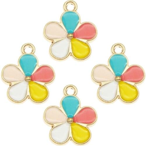 Julie Wang 10PCS Enamel Small Flower Charms Alloy Five-color Flower Gold Tone Pendant Bracelet Earrings Jewelry Making Accessory