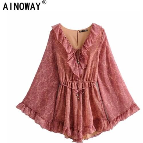 Vintage chic women floral print V-neck ruffles Boho Bodysuits ladies long sleeve elestic waist chiffon Rompers bohemian Rompers