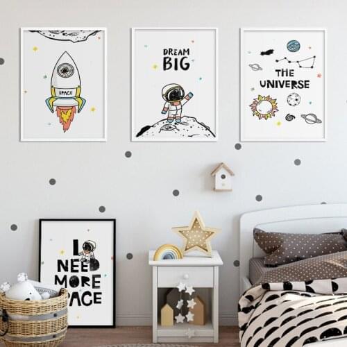 Cartoon Universe Spaceship Astronaut Quote Nursery Wall Art Canvas Painting Posters and Prints Picture Decoration For Kids Room