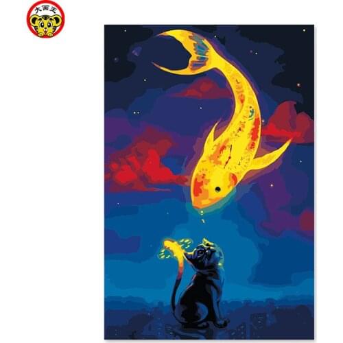 Painting by numbers art paint by number Black cat and golden goldfish cartoon pictures by numbers of animals picture by numbe