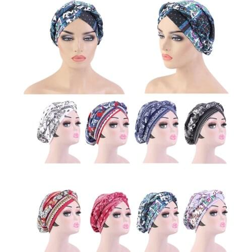 2020 New Bohemian Vintage Women Braid Turban Caps Flower Printed Cotton Headscarf Bonnet African Hat Ready to wear Muslim Hijab