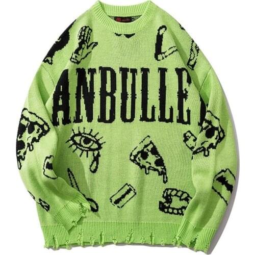 Original High Street Hip Hop Abstract Pattern Letter Pullover Sweater Mens Round Neck 2019 New Autumn and Winter Mens Sweater