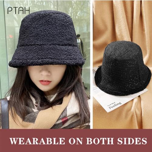 [PTAH] Bucket Hats 2021 Autumn Winter Warm Knitted Vintage Hats For Women Versatile Cap Felt Hat Foldable Wearable On Both Sides