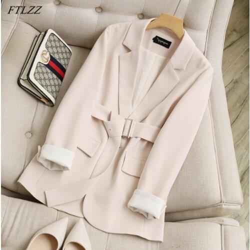 FTLZZ Spring New Office Ladies Casual Blazer Women Vintage Single Breasted Solid Suit Coat Loose Fashion Jacket with Belt