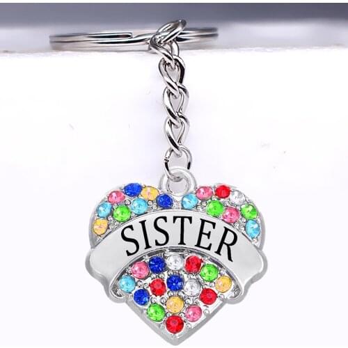 Shiny rhinestone inlaid heart-shaped metal SISTER label pendant keychain FIT best birthday gift jewelry key chain for girl