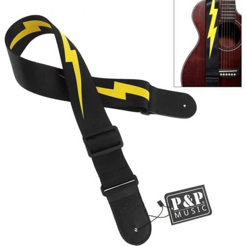 Adjustable Guitar Strap Yellow Lightning Pattern with Genuine Leather Head for Acoustic Electric Bass Guitar
