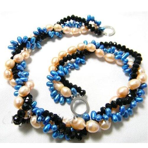 Handmade Real Pearl Jewellery,3 Strands,8mm Rice Pink Blue Baroque Freshwater Pearls Faceted Crystal Bead Necklace,Free Shipping