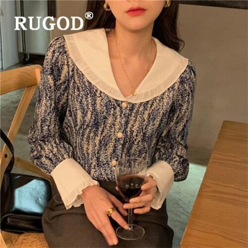 RUGOD new korean vintage print long sleeve blouse women sweet peter pan collar single breasted shirt abstract print blouse tops