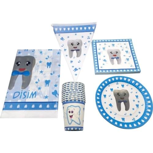 Happy Birthday Party Blue First Tooth Napkins Flags Baby Shower Plates Cups Decoration Boys Favors Tablecloth Dishes 51pcs/lot