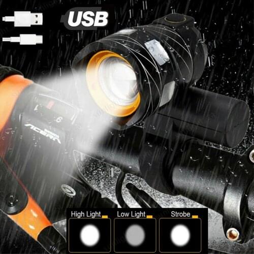 T6 LED Bicycle Light Bike Front Lamp Torch Headlight with USB Rechargeable Warning Light for Mountain Bike Road Bike