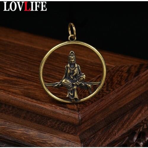 Vintage Brass Guanyin Bodhisattva Round Key Chain Ring Pendant Buddhist Jewelry Lucky Buddha Figurines Keychain Hanging Trinket