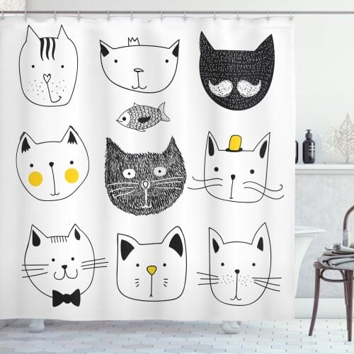 Cat Sketch Shower Curtain Set Simplistic Sketch Art Kitty Heads Curtain for Bathroom Decor 12 Hooks Decorative Bath Accessory