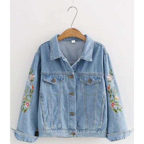 Harajuku Denim Jackets Women Casual Loose Floral Embroidery Long Sleeve Cotton Coat Students Patchwork Jean Jacket Mori Girl new