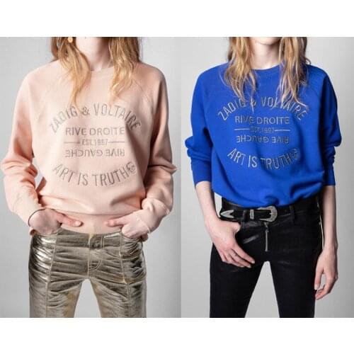 Embroidery Letters Women Sweatshirts 100% Cotton Ladies O-Neck Early Autumn 2021 Long Sleeve Casual Pullover Female Pullover Top