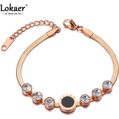 Lokaer Trendy Stainless Steel White CZ Crystal Charm Bracelets For Women Girls Bohemia Roman Numeral Snake Chain Bracelet B21058