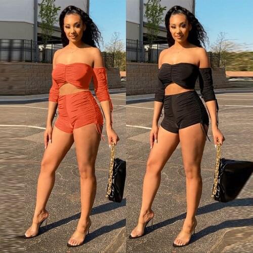 Solid Ruched Drawstring Two Piece Shorts Set Womens Clothing 2021 Off Shoulder Cropped Tops and High Waist Biker Short Outfit