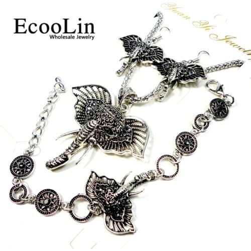Fashion Jewelry major Vintage Antique Silver Plated Elephant Jewelry Set Necklace Pendant Earring For Women Jewelry Sets LR004