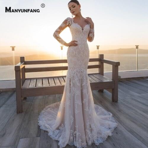 Elegant Sweetheart Neck Embroidery Appliques Tulle Mermaid Wedding Dress High-End Full Sleeve Chapel Train Button Bridal Gown