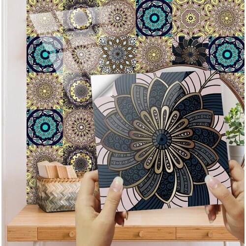10pcs/Set Mandala Style Tiles Sticker Kitchen Bathroom Desk Wardrobe Renovation Art Mural Shine Surface Peel & Stick Wallpaper