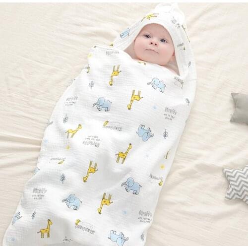 100% Cotton Gauze Baby Swaddling Cape Bath Towel, Baby Cartoon Hooded Windproof Swaddling Cloth, Soft and Absorbent 140*70cm