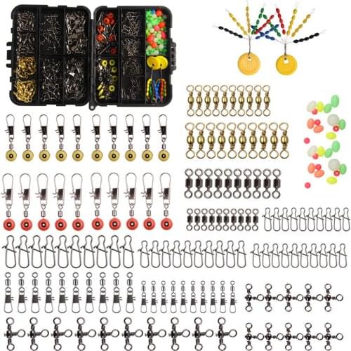 182pcs fishing connector rolling swivels 3 way barrel swivel snaps float stoppers fishing combo black with fishing tackle box