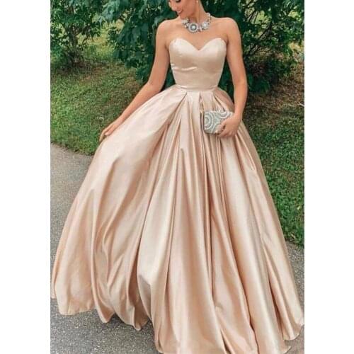 2020 Modest Champagne Satin Evening Dresses Long Sweetheart A Line Special Occasion Desses Elegant Prom Gown Women Formal Dress