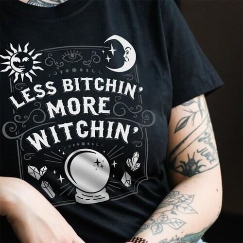 2021 Summer New Funny Slogan Letters Print Vintage Witch Tees Female Black Cotton Short Sleeve Graphic Sun Moon Grunge T shirts
