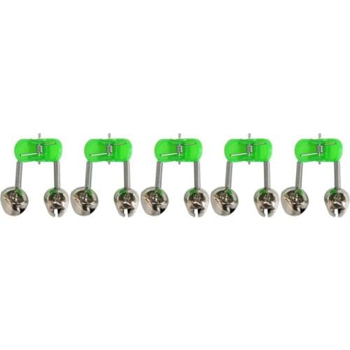 5pcs/lot Fishing Bite Alarms Fishing Rod Bell Rod Clamp Tip Clip Bells Ring Green ABS Fishing Accessory Outdoor Metal