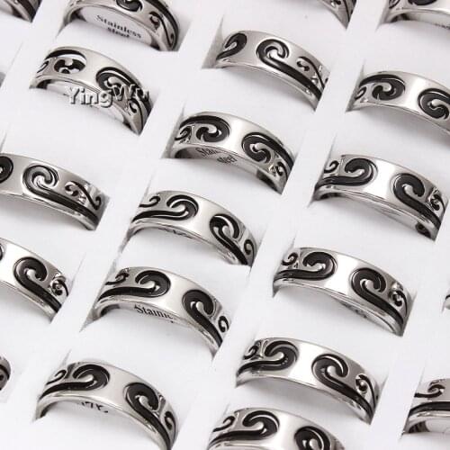 YingWu 5pcs Lot Wholesale Silver & Black Stainless Steel Ring Mens Handmade Retro Hollow Rings Band Jewelry Free Ship
