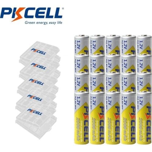 20Pcs PKCELL AA Rechargeable Battery 1.2V 2000mah NIMH Battery Real Capacity With 5Pcs Battery Holder Boxes For Digital Camera