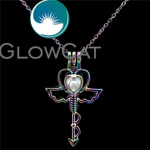 C543 Rainbow Heart Arrow Magic Wand Beads Cage Pendant Essential Oil Diffuser Aroma Pearl Cage Locket Necklace Kids Girl Gift