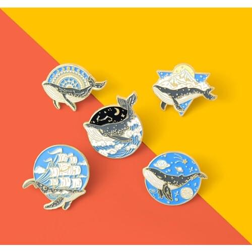Starry Sky Iceberg Ocean Enamel Pins Flying Whales Brooches Jumping Humpback Whale Lapel pin Sailing Waves Orca Theme Jewelry