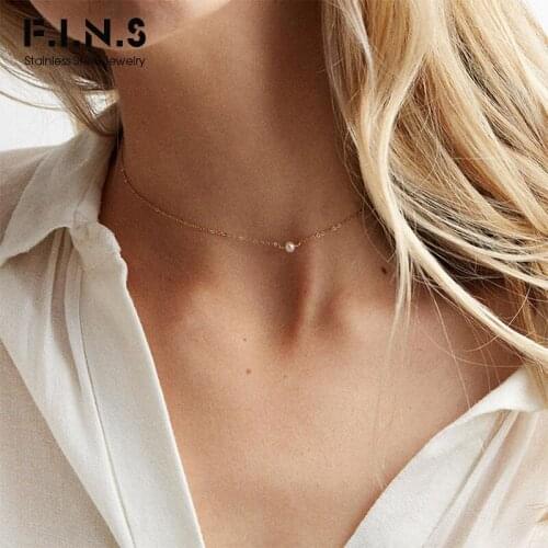 F.I.N.S Three-color Dainty Necklace for Women Stainless Steel Choker Necklace Women Simple Chic Simulated-pearl Pendant Necklace