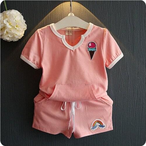 2016 Korean Childrens Garment Summer 2 Pieces Set New Pattern Girl Baby Ice Cream Embroidery Patch Jacket T-Shirt Shorts Suit