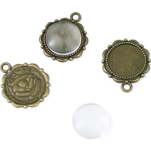 PandaHall 20Set 14mm Flower Alloy Pendant Cabochon Settings and Half Round/Dome Clear Glass Cabochons Jewelry Making DIY Finding