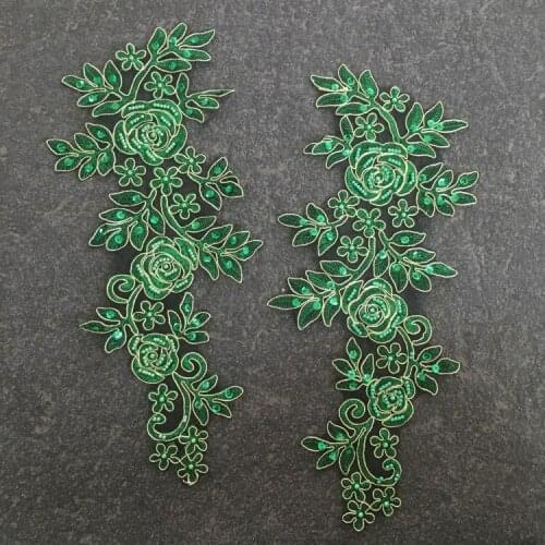 Green flower Beaded Sequins lace patches for clothes,fabric applique embroidery patch,patches for clothing parches para la ropa