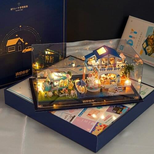 Min Blue Ocean Cottage DIY Wooden Dollhouse Kit Miniature with Furniture Villa Doll House Assembled Casa Toys for Girls Gifts