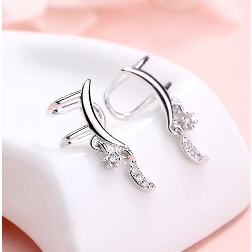 Fashion Love Moon Star Zircon Ear Clip Cuff Wrap Earring For Women Girl Non Piercing Tassel Earring 925 Sterling Silver Jewelry