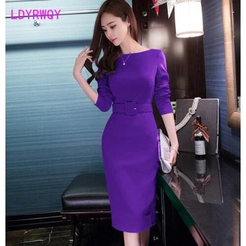 LDYRWQY Dresses for fall/winter new style purple long-sleeved temperament ladies slim bag hip women Office Lady
