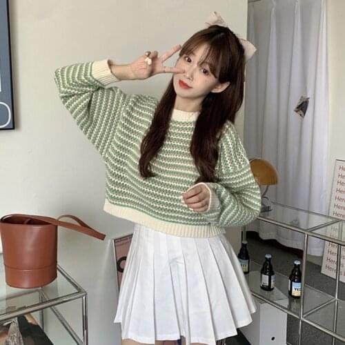 Japanese Pullover Sweater Women 2020 Autumn New O-Neck Long Sleeve Short Striped Sweater Casual Loose Sweet Ladies Knit Sweaters