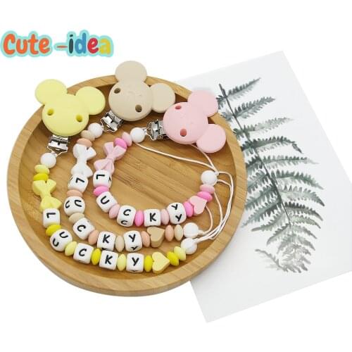 Cute-idea 1set Mouse Silicone Personalised Name Baby Pacifier Clips Silicone Beads Bowknot Pacifier Chain Baby goods Shower Gift