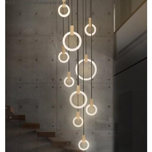 Modern LED stair chandelier lighting Nordic living room ceiling pendant lamps bedroom Acrylic rings fixtures Wood hanging lights