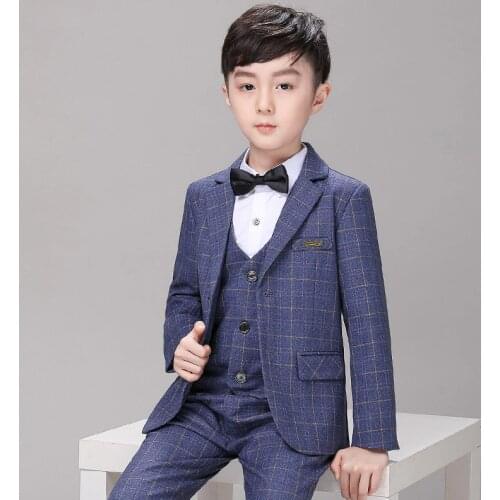 Formal Childrens High Quality Plaid Dress Suits Set Flower Boys Wedding Piano Catwalk Show Costume Kids Blazer Vest Pants Shirt