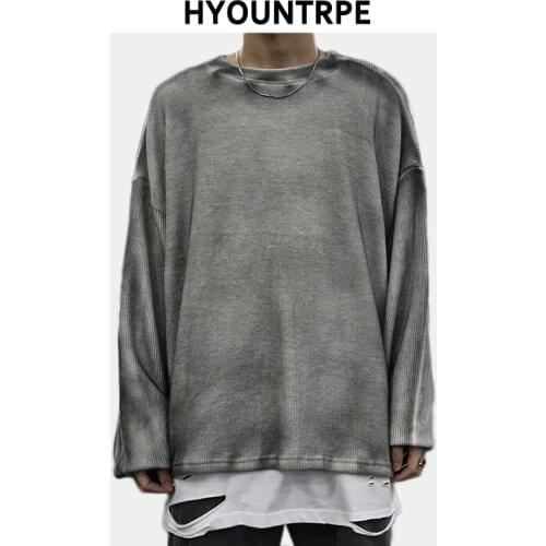 High Street Vintage Wash Sweater Men Loose Knitted Pullovers Long Sleeve Hip Hop Oversize Sweaters Autumn Casual Jumper Knitwear