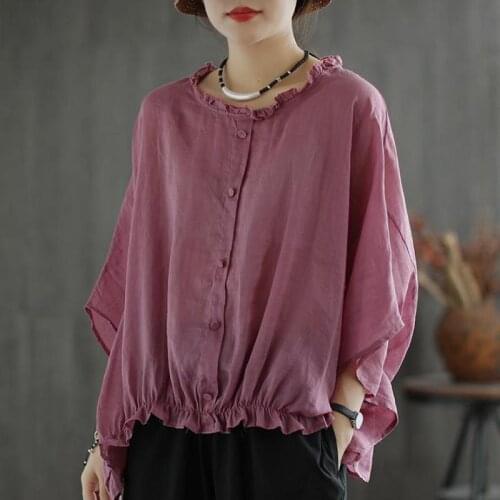 QPFJQD Cotton Linen Casual O-neck Button Irregular Tops 2021 Summer Autumn Women Loose Shirts Half Sleeve Solid Color