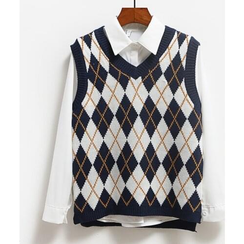 V-Neck Vintage Plaid Sweaters For Women Knitted Vest Winter Warm Veste Femme Short Loose Sleeveless Knit Waistcoat Spring Coat