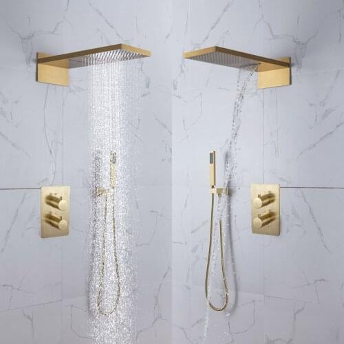 Top Quality Brushed gold Brass Bathroom shower faucet set 3 Functions Wall mounted Thermostatic Shower set Rainfall Waterfall