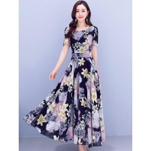 Women Dress Ropa Mujer Floral Print Chiffon Short Sleeve O-neck Long Dresses Vestidos Sukienki Summer Beach Robe 3669