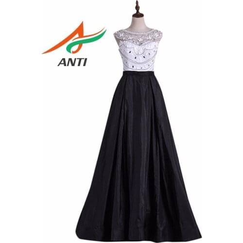 ANTI Elegant White And Black Long Evening Dresses A-Line Beading Crystal Robe De Soiree Formal Evening Party Dresses Hit Color