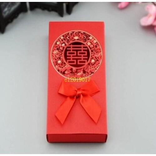 100pcs Chinese Asian Style Red Double Happiness Wedding Favor Box Party Gift Favor Bowknot Hollow Out Candy Box
